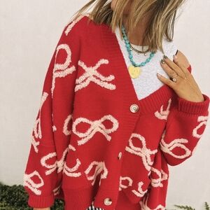 Chic Red and Cream Women's Cardigan